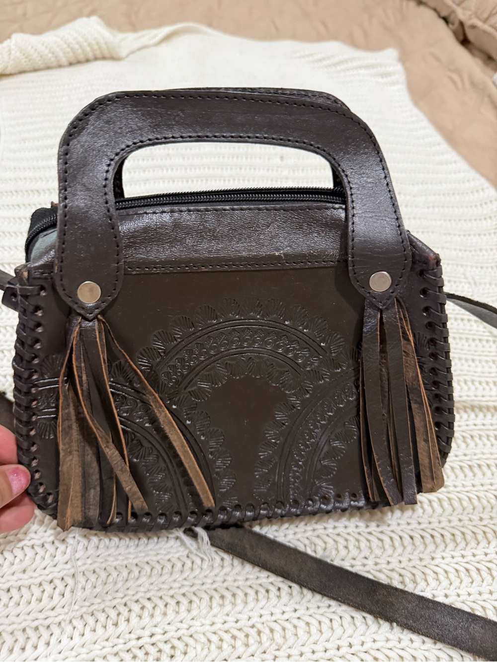 Dark Brown Embossed Leather Fringe Crossbody Bag